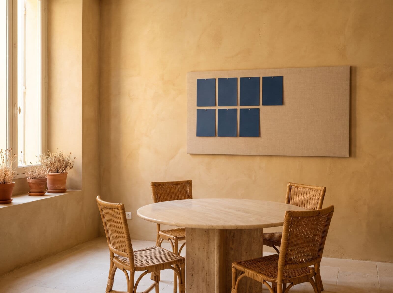 Piccola sala riunioni con pareti ocra, tavolo rotondo in travertino e lavagna con schede blu notte